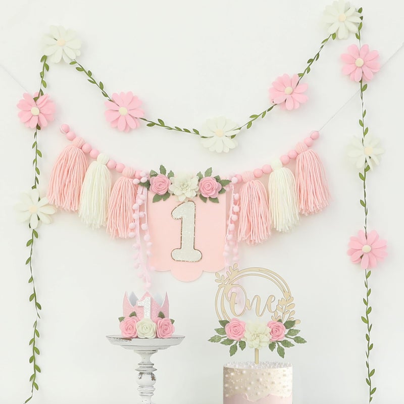 DCJHFJ Wildflower First High Chair Banner Birthday Decorations For Girl One Flower Cake Topper Floral Hat 1st Birthday Decoration Supplies - Image 3